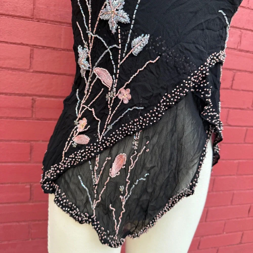 Vtg Y2K Karen Kane Beaded Floral Sleeveless Top Womens Size XS Whimsygoth Fairy - Picture 2 of 8